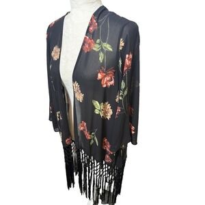 Soprano Black Floral Chiffon Kimono Duster Cardigan~S~ Long Fringe Boho Festival
